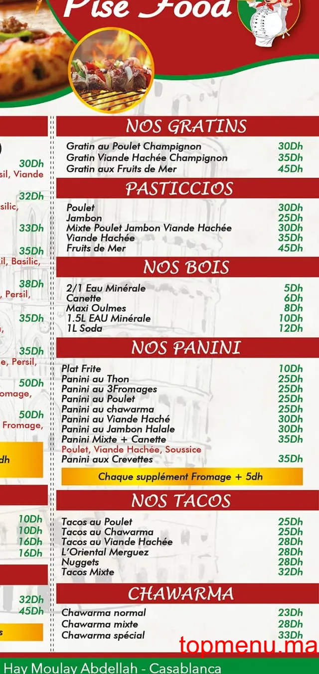 PISE FOOD menu page 1