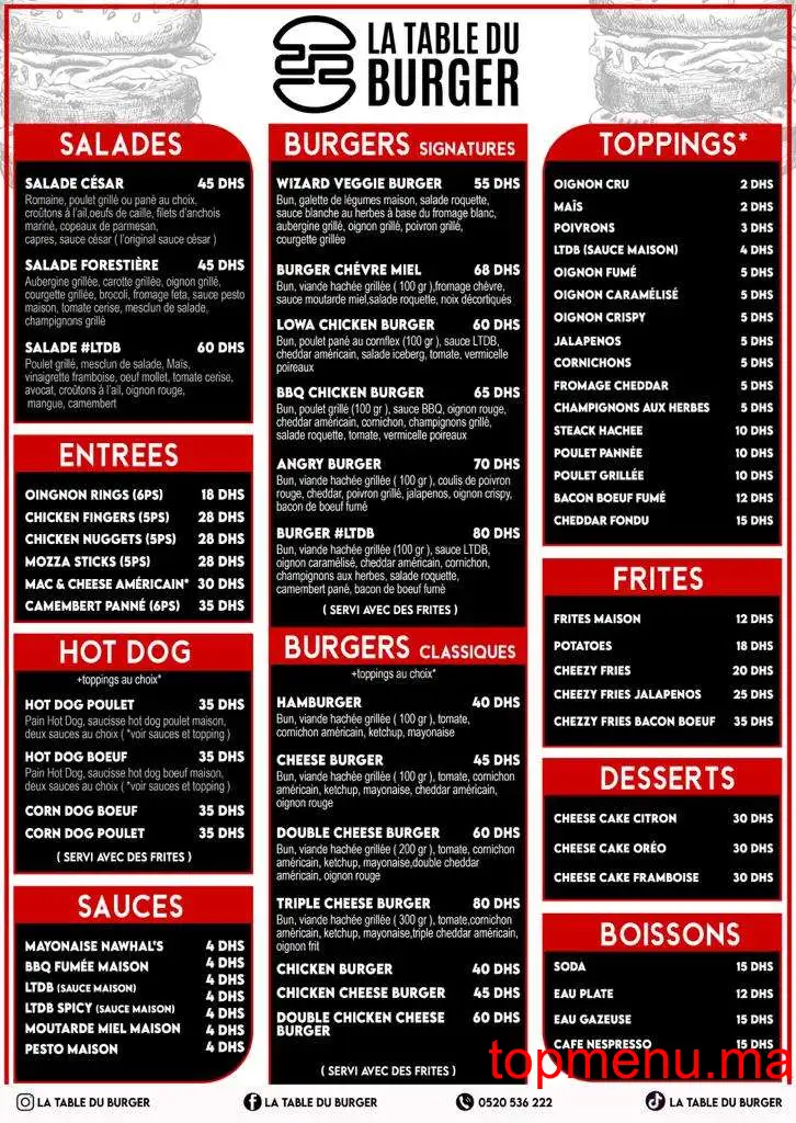 La Table du Burger menu page 1