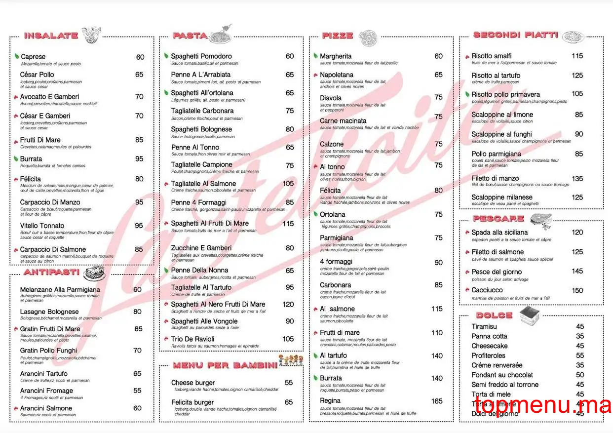 la Felicita menu page 1