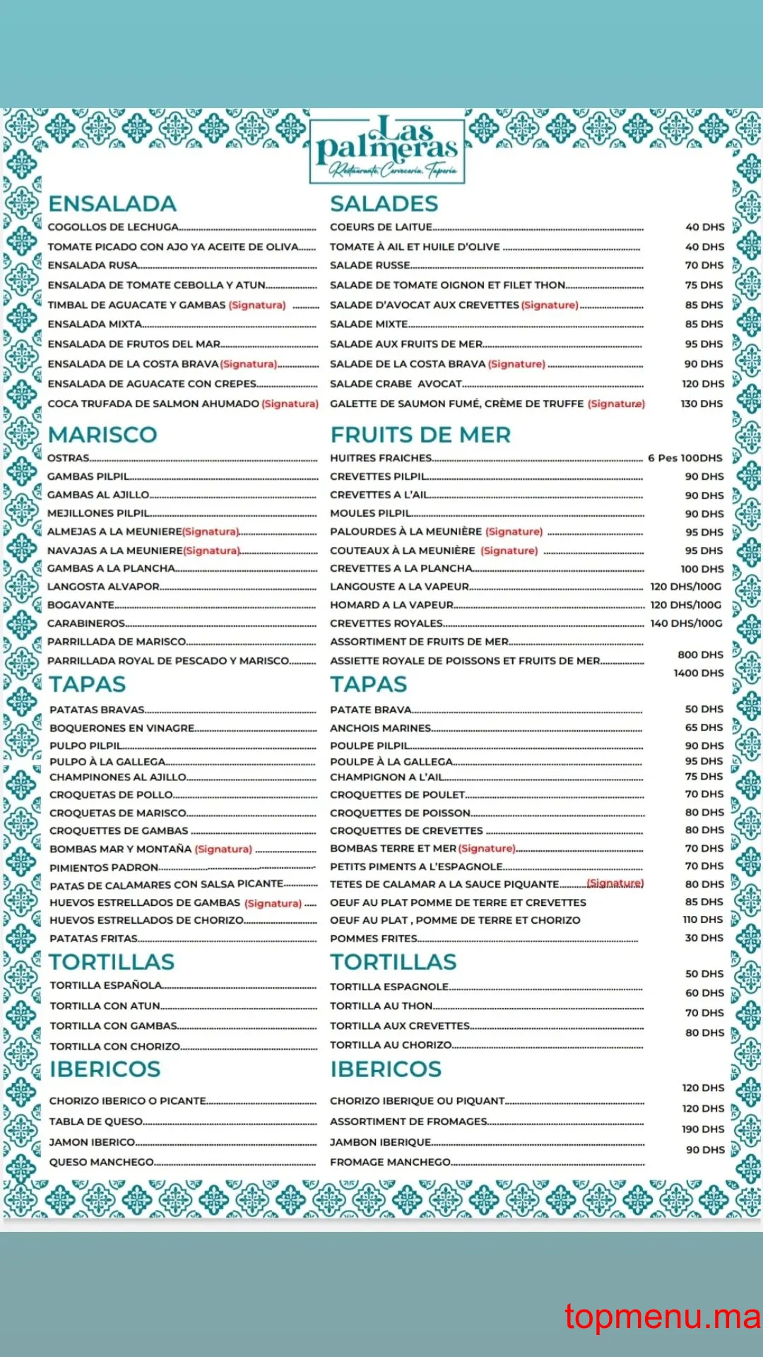 Las Palmeras menu page 1