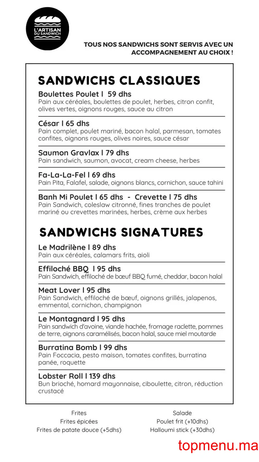 L’Artisan du Sandwich menu page 1