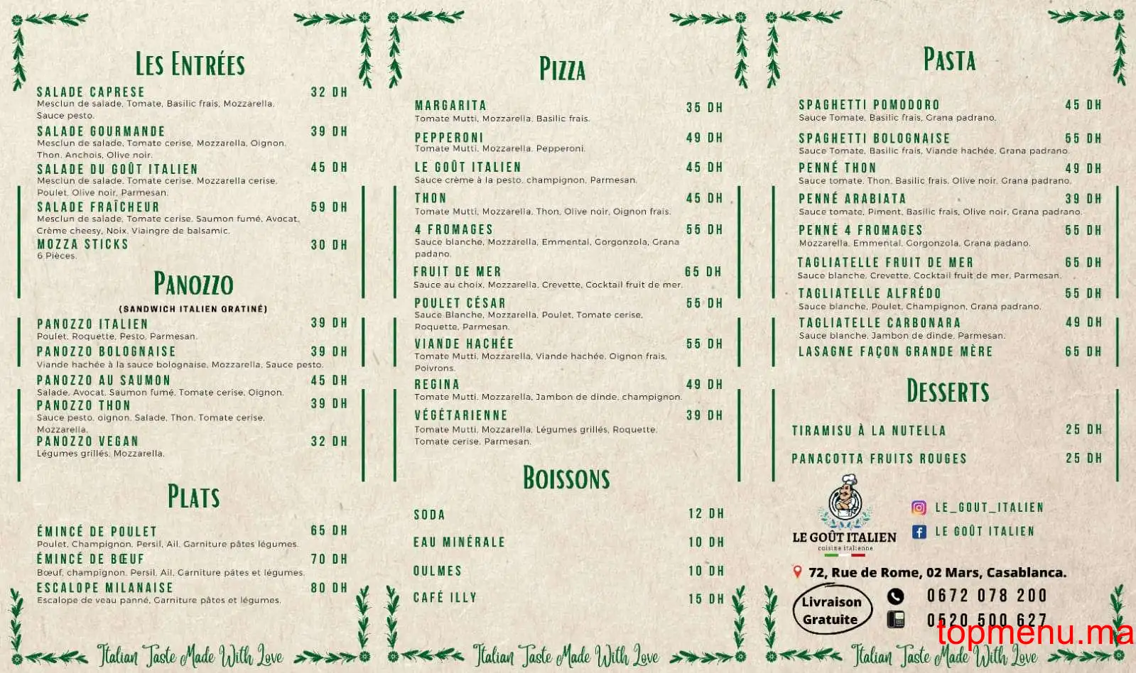 Le Goût italien menu page 1