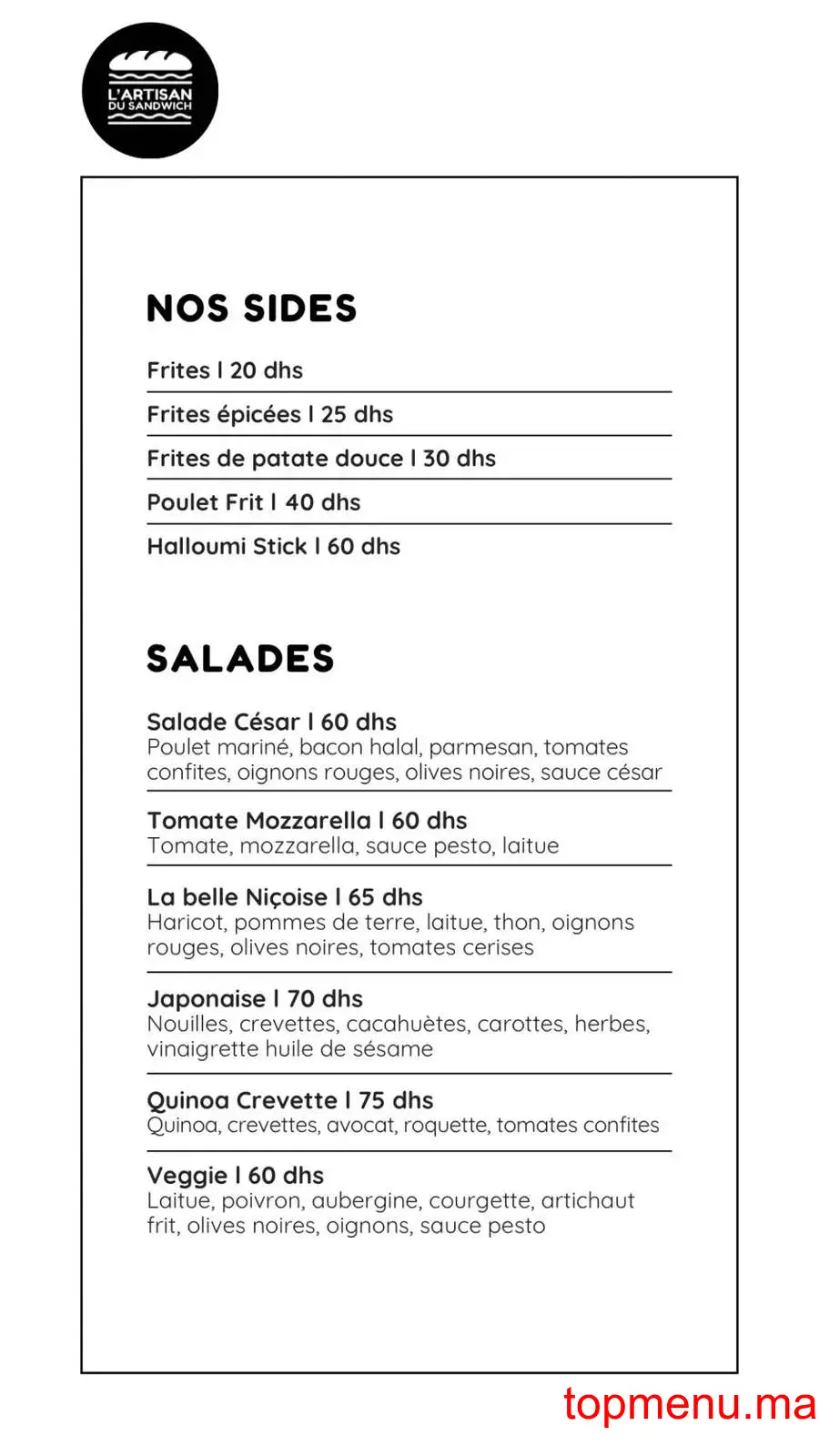 L’Artisan du Sandwich menu page 2