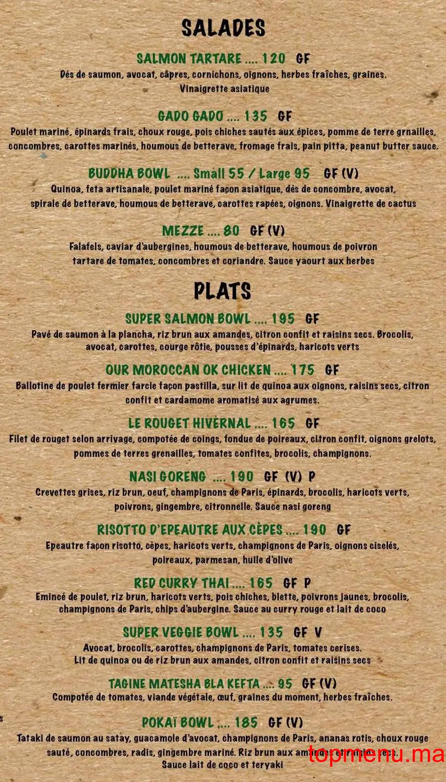 Organic Kitchen menu page 1