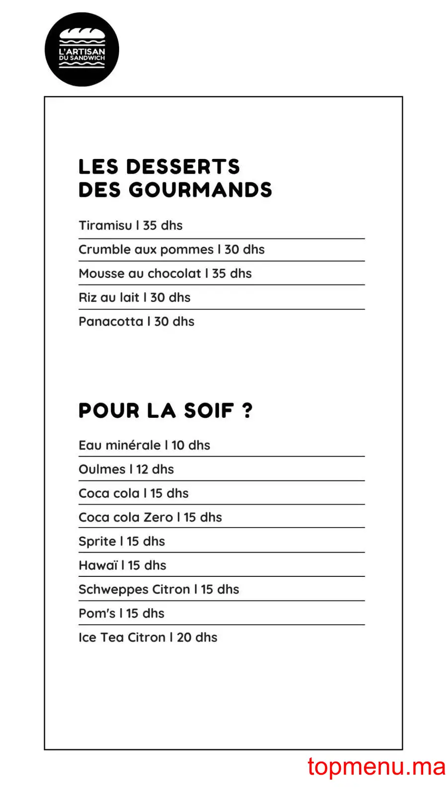 L’Artisan du Sandwich menu page 3