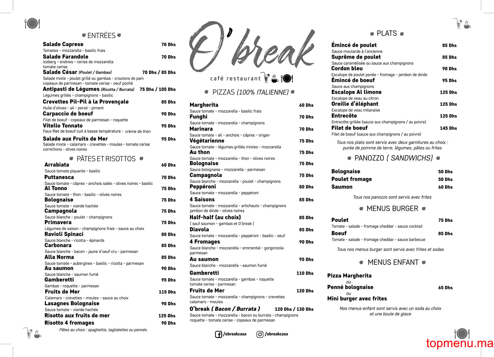 O’Break menu page 1