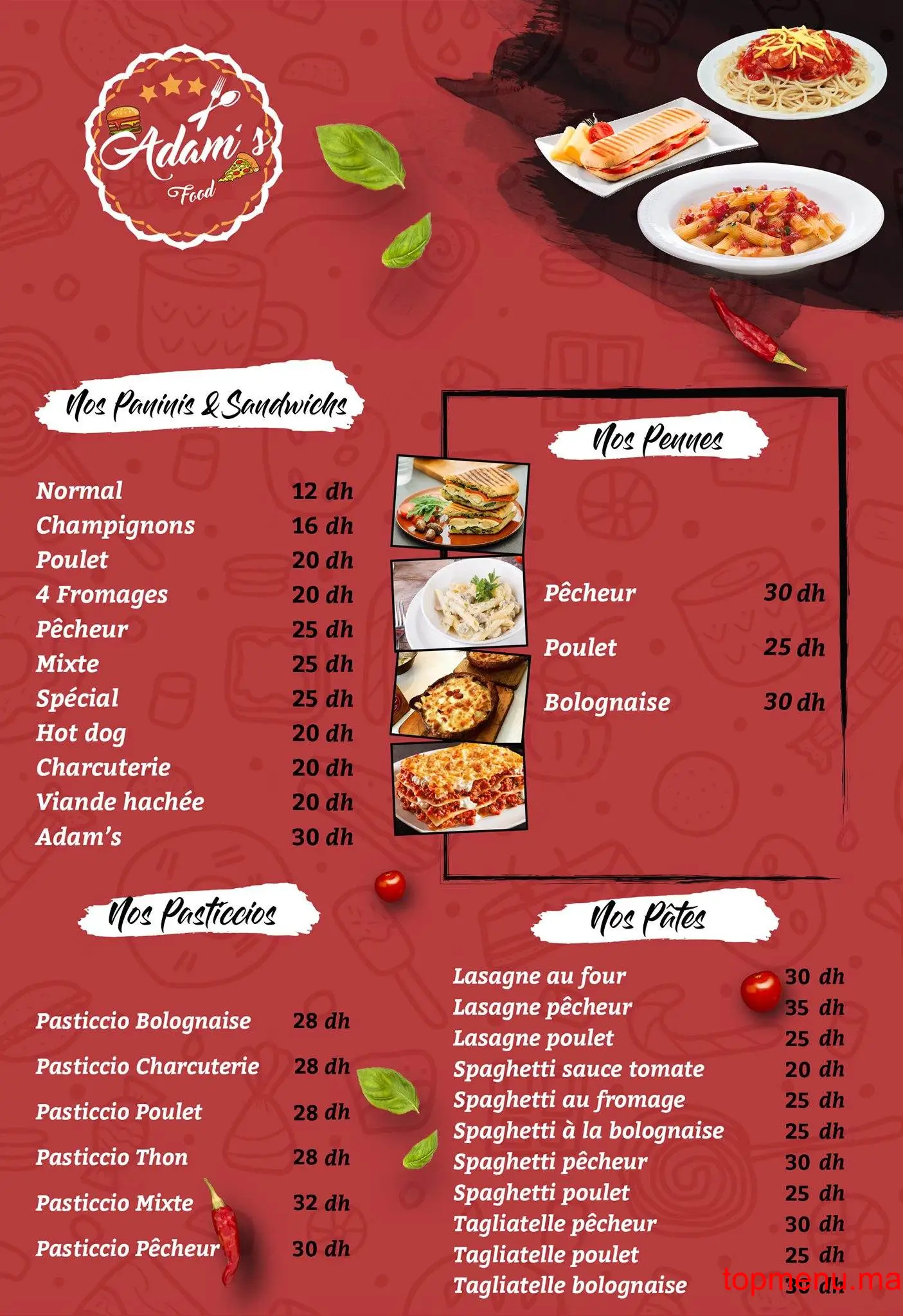 Adam’s Food menu page 1