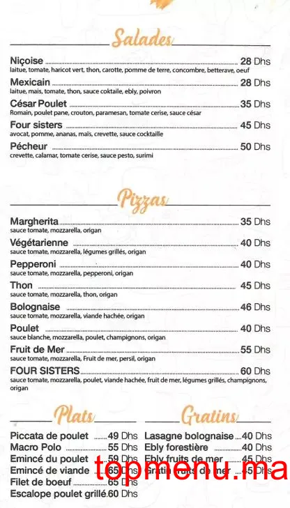 Four Sisters menu page 6