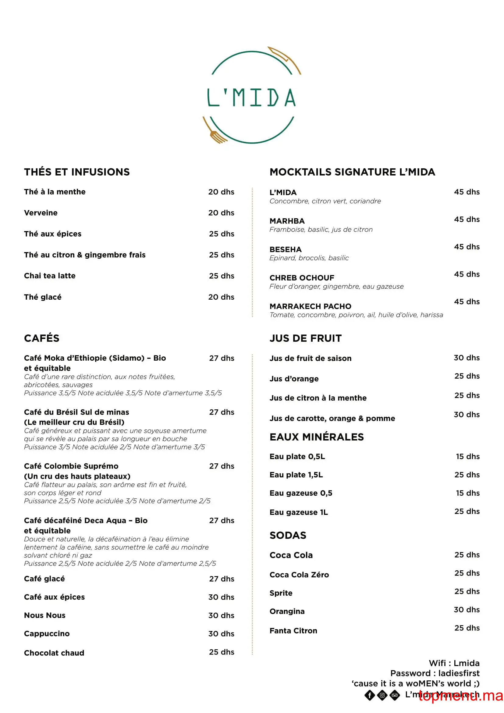 L’mida Marrakech menu page 1