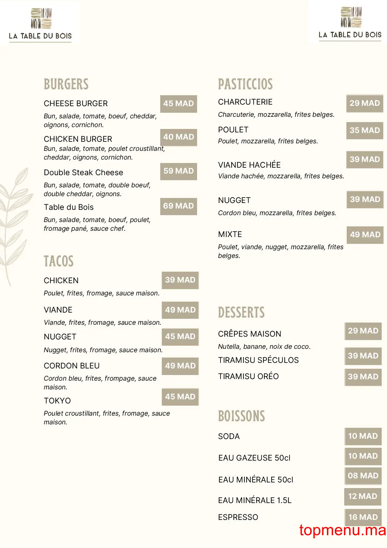 La Table du Bois menu page 2