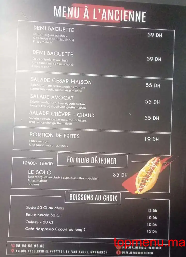 L’Atelier merguez véritable menu page 1