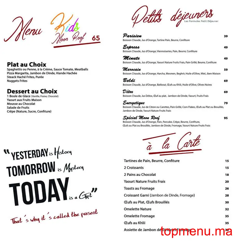 Moon Roof Café menu page 1