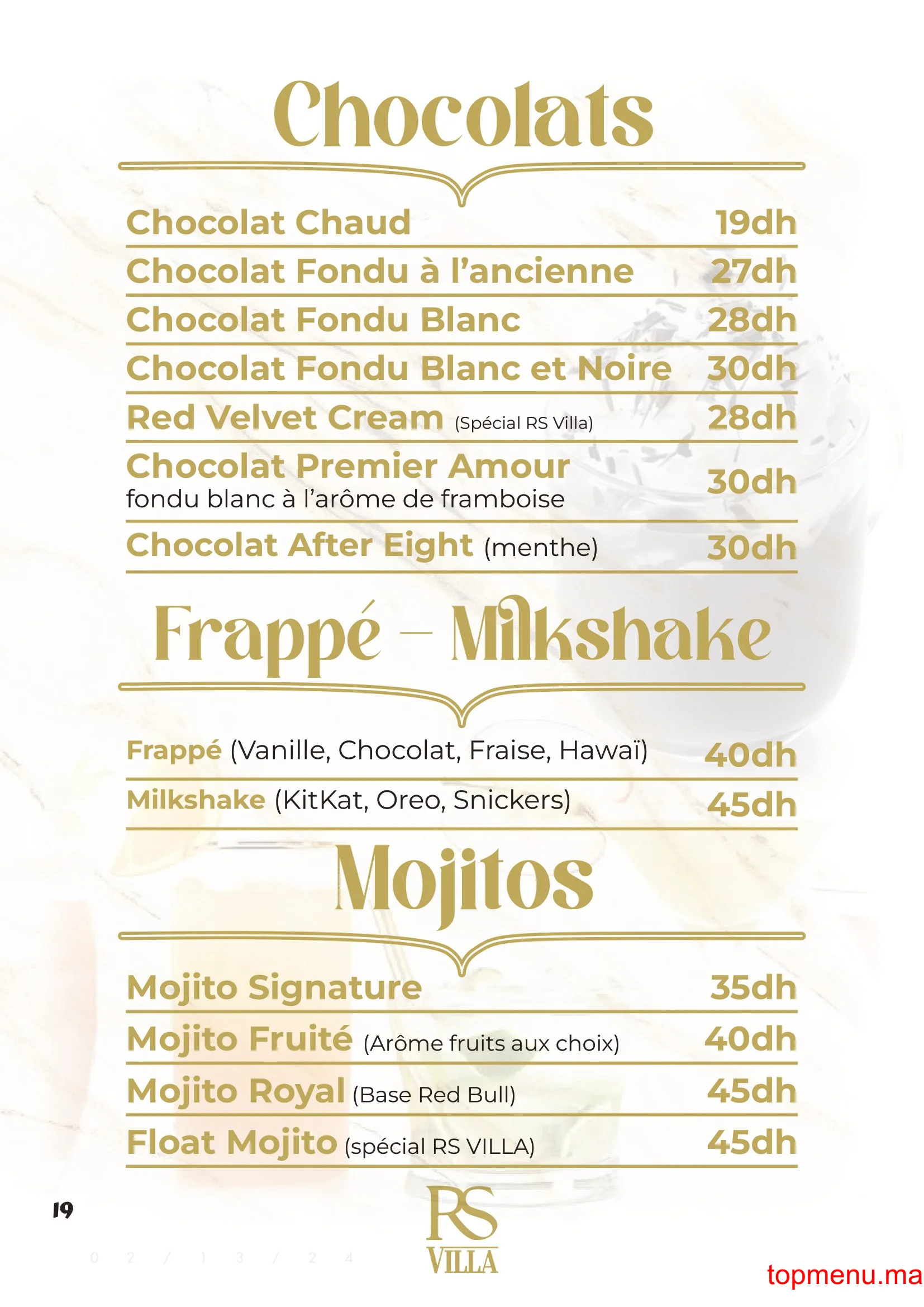 RS Villa – Café Restaurant menu page 19