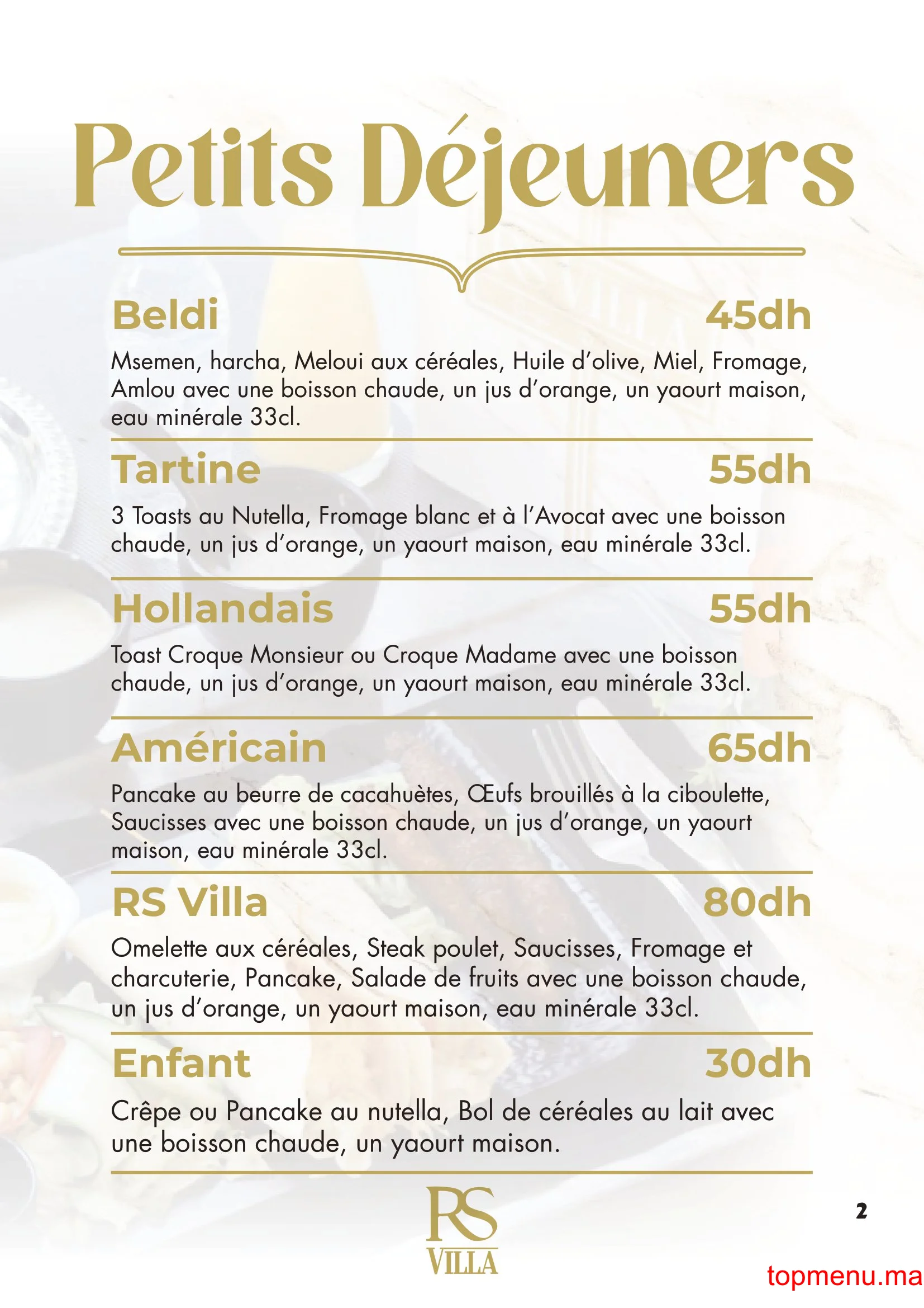 RS Villa – Café Restaurant menu page 2