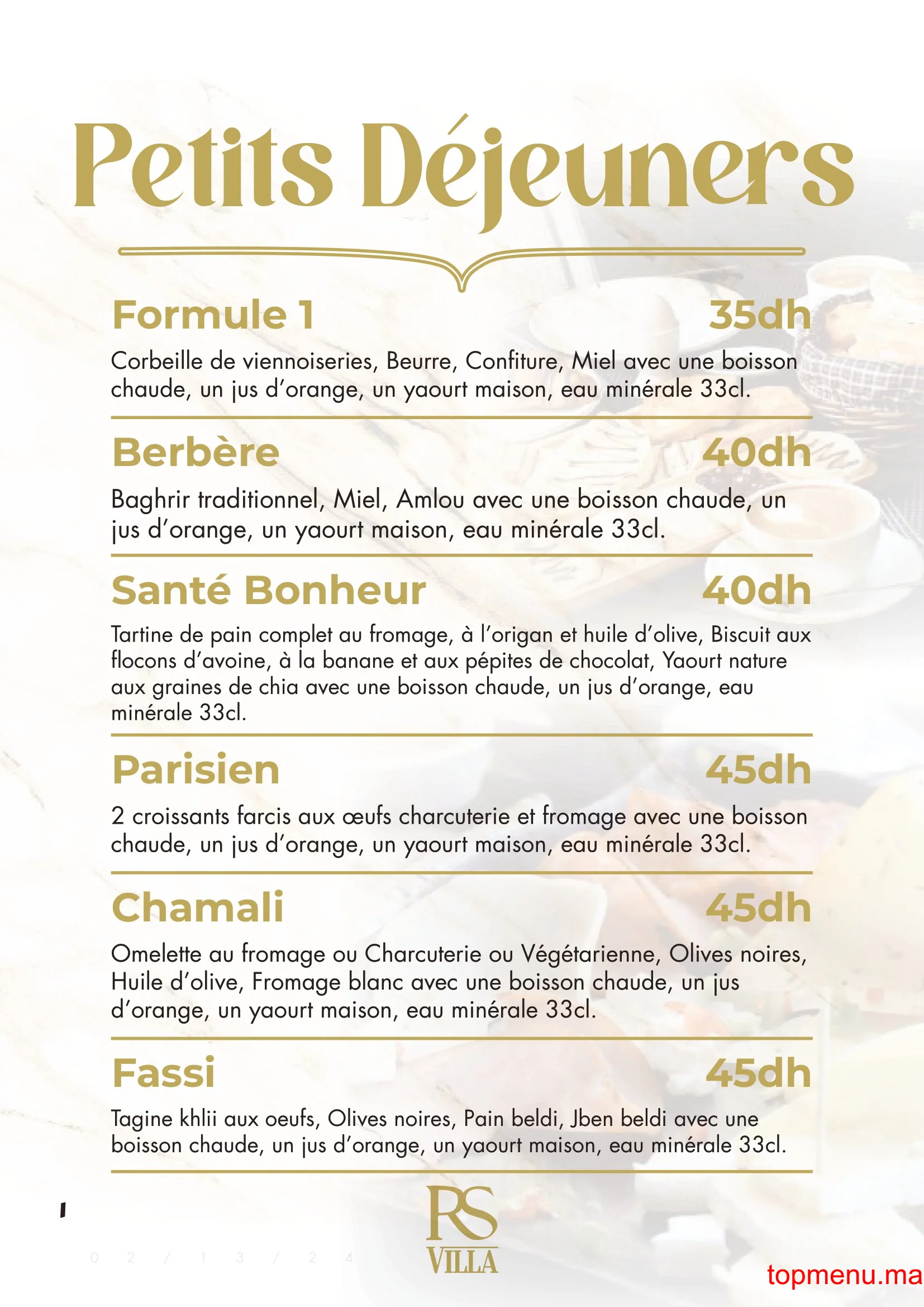 RS Villa – Café Restaurant menu page 1