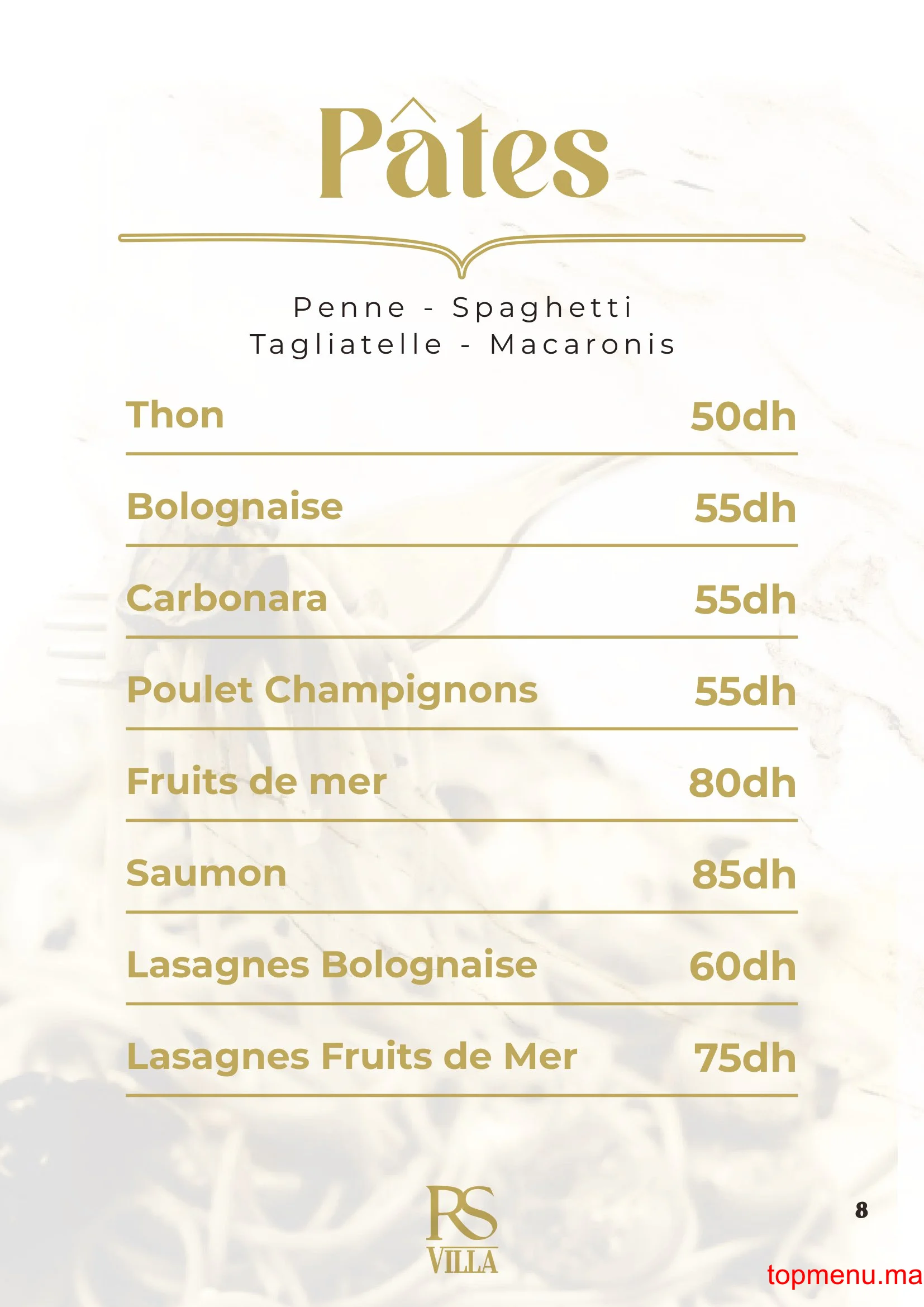 RS Villa – Café Restaurant menu page 8