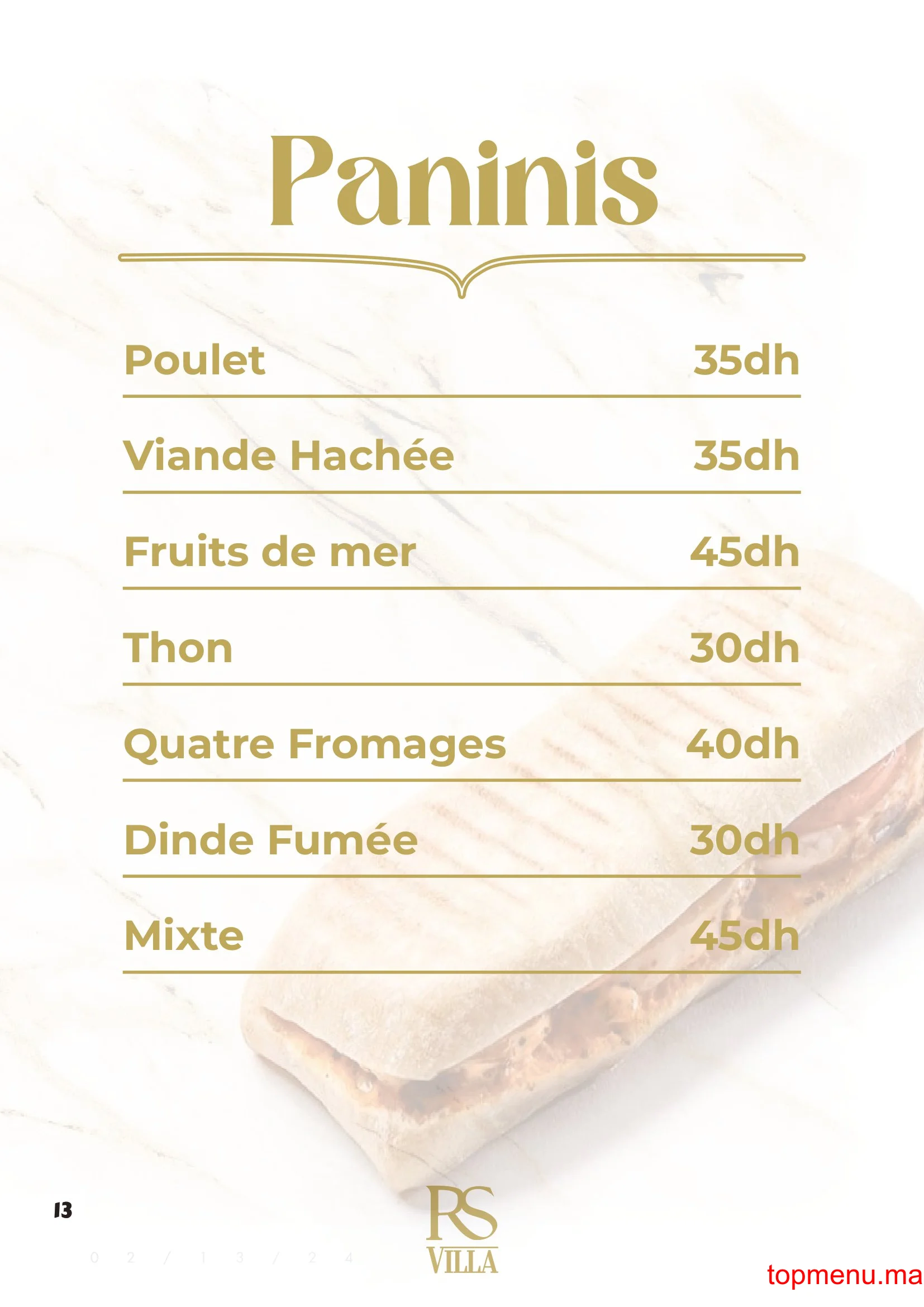 RS Villa – Café Restaurant menu page 13