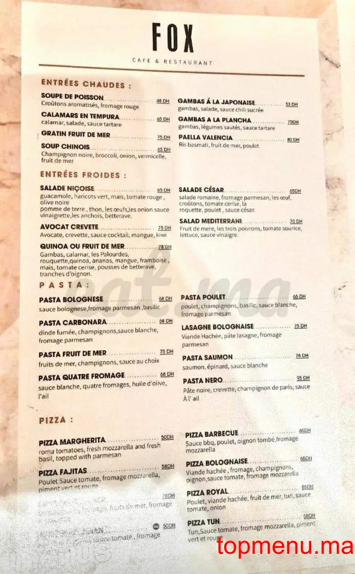 Fox Tangier menu page 2