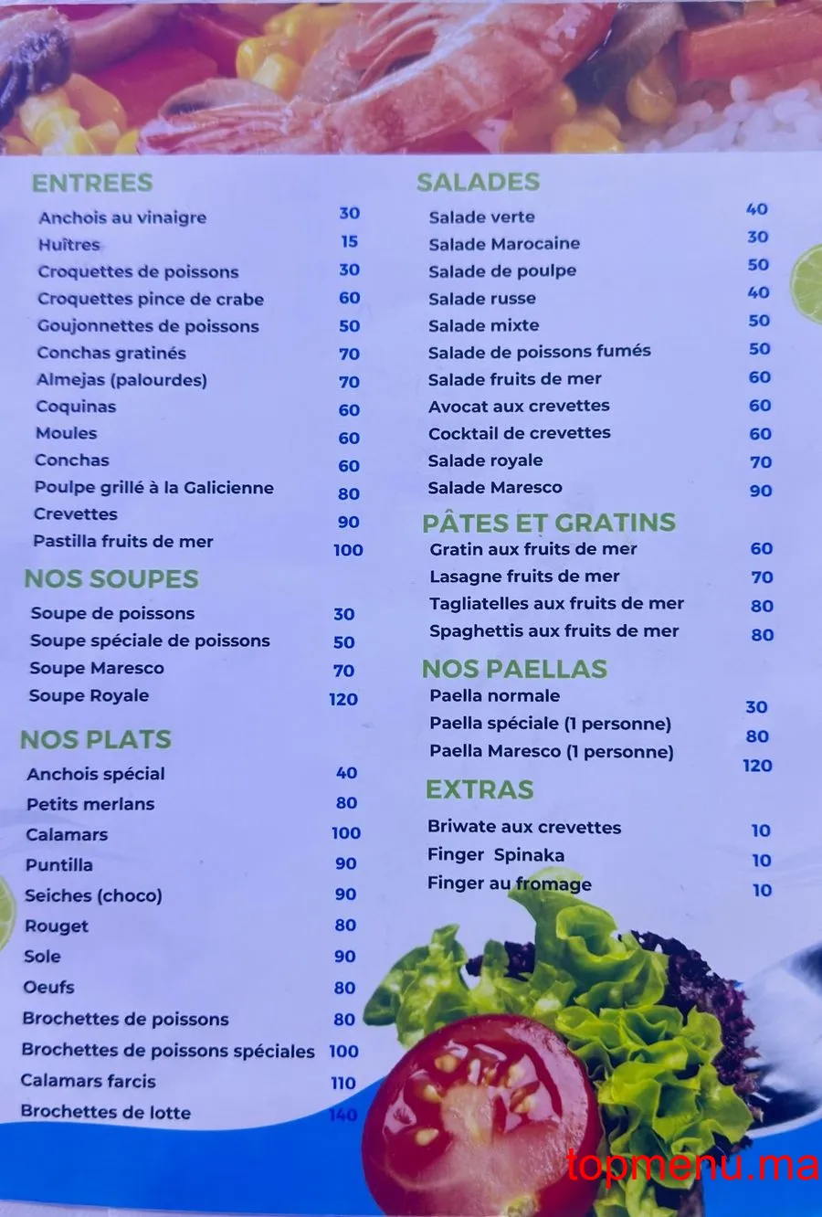 Marisco menu page 1