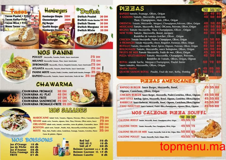 Rapido Pizza menu page 1