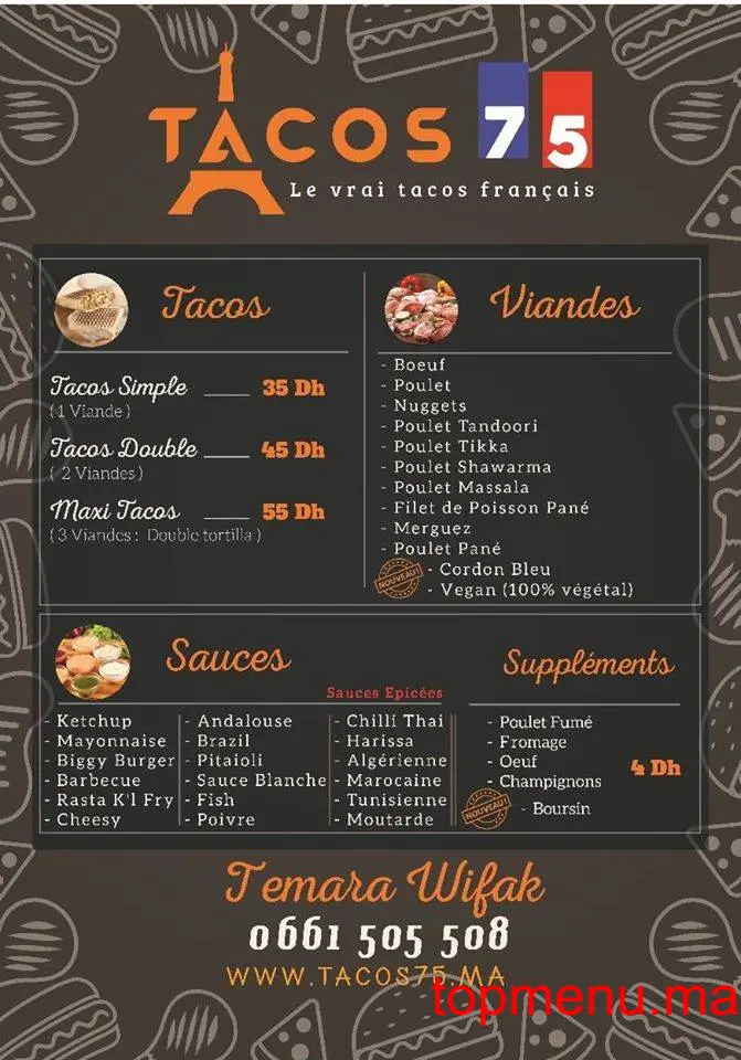 Tacos 75 menu page 1