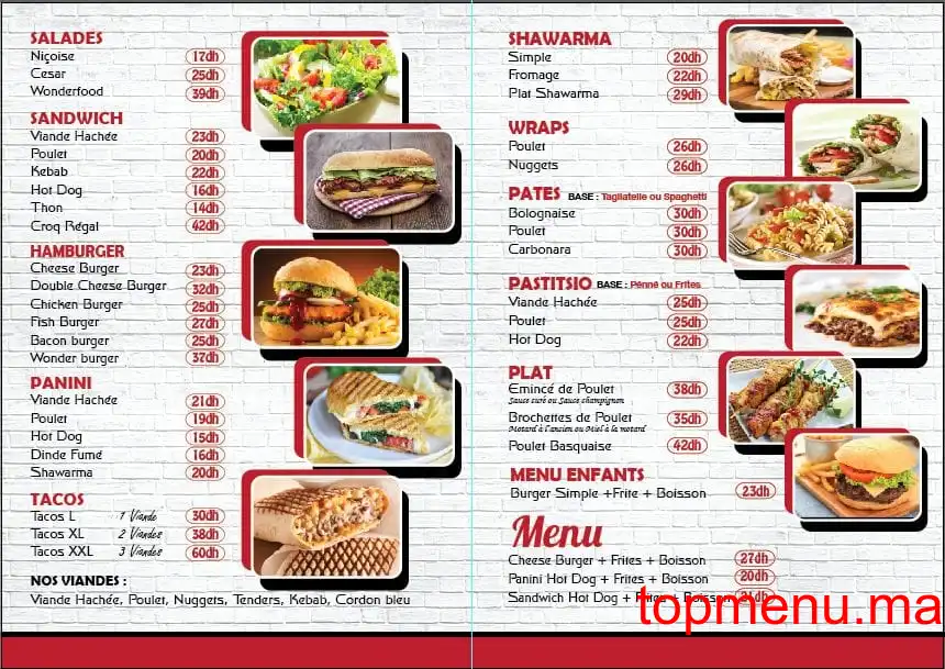 Wonderfood menu page 1